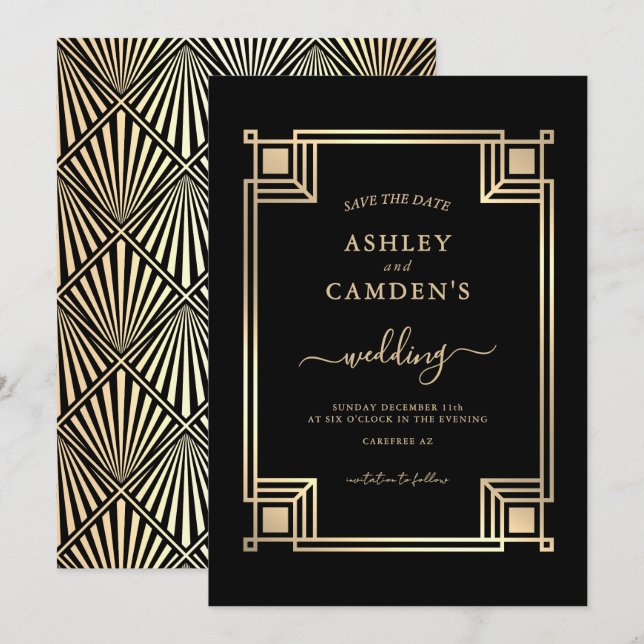 Reserva La Fecha Boda con marco de oro elegante Art Deco (Anverso / Reverso)