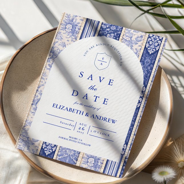 Reserva La Fecha Boda con parches de azulejos Delft azules (Subido por el creador)