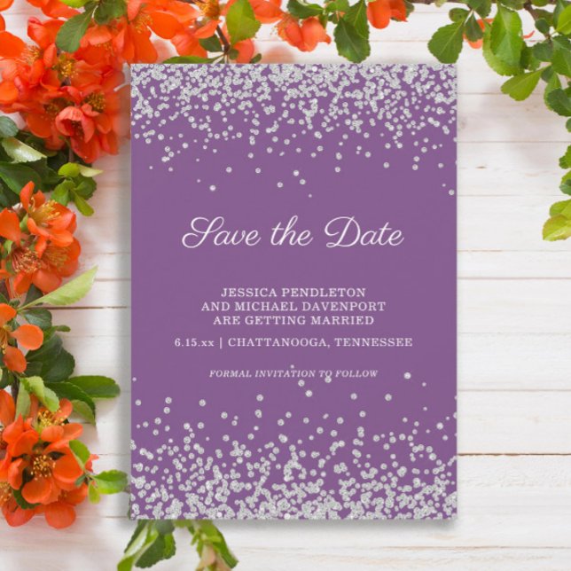 Reserva La Fecha Boda con Purpurina de Plata Ahorra la Fecha (Purple wedding Save the Date with silver glitter)