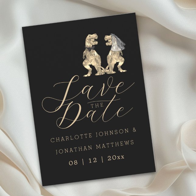 Reserva La Fecha Boda con tema de dinosaurios (Elegant dinosaur theme wedding save the date invitation Funny jurassic T-Rex bride & groom)