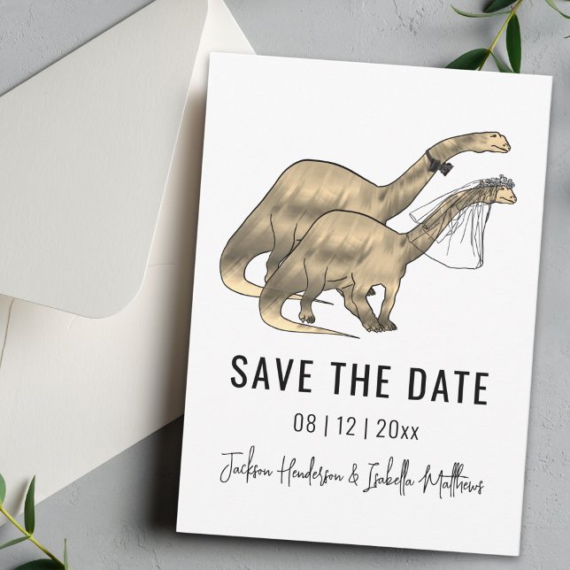 Reserva La Fecha Boda con tema de dinosaurios (Simple Dinosaur wedding save the date card Watercolor brontosaurus dino bride and groom)