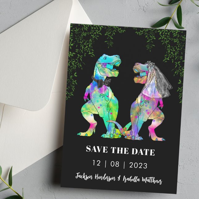 Reserva La Fecha Boda con tema de dinosaurios (Funny T-Rex dino bride and groom Dinosaur wedding save the date card)