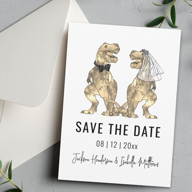 Reserva La Fecha Boda con tema de dinosaurios (Funny T-Rex bride and groom Dinosaur wedding save the date Minimalist stylish modern)