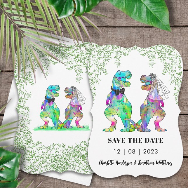 Reserva La Fecha Boda con tema de dinosaurios (Dinosaur wedding save the date invitation with colorful T-Rex bride & groom Jurassic jungle foliage )