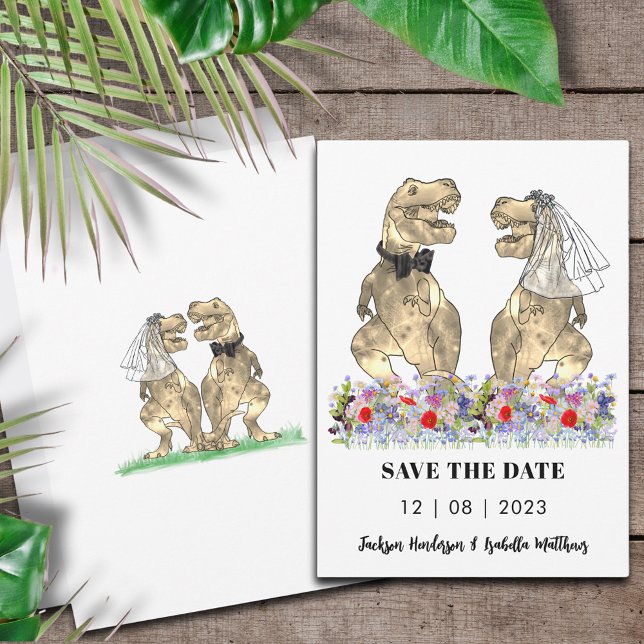 Reserva La Fecha Boda con tema de dinosaurios (Dinosaur themed wedding save the date invitation with T-Rex bride and groom & colorful wildflowers )