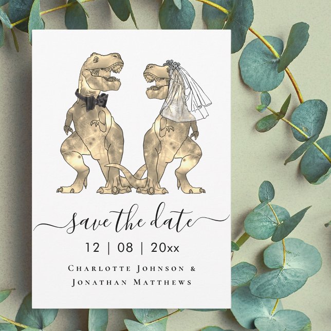 Reserva La Fecha Boda con tema de dinosaurios (Funny dinosaur wedding save the date T-Rex bride and groom dino elegant script)