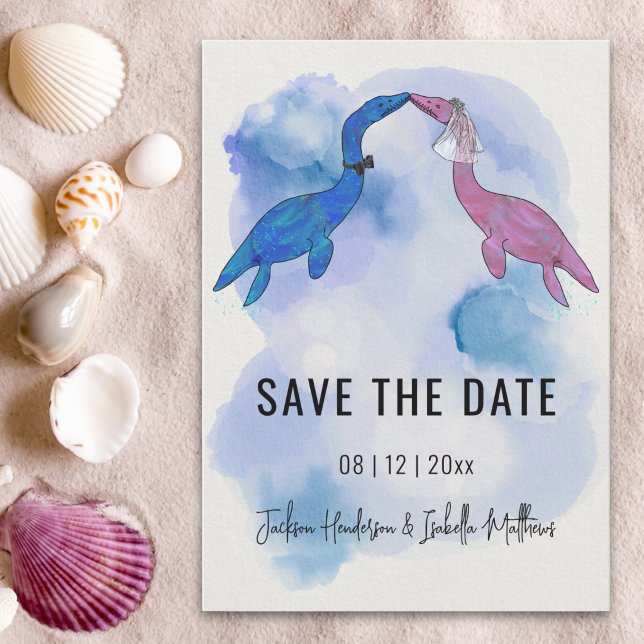 Reserva La Fecha Boda con tema de dinosaurios, guarde la fecha (Watercolor sea dinosaur theme wedding save the date card ocean Beach wedding )
