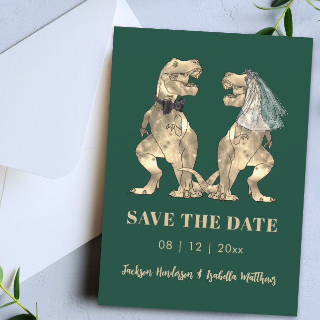 Reserva La Fecha Boda con tema de dinosaurios Verde (Simple funny dinosaur wedding save the date emerald green card)