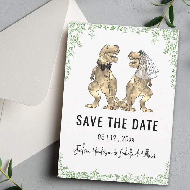 Reserva La Fecha Boda con tema de dinosaurios Verde (Funny dinosaur T-Rex bride and groom green foliage wedding save the date card)