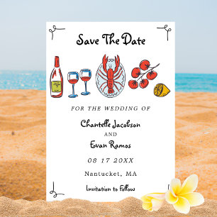 Reserva La Fecha Boda con tema de mariscos langosta y playa dibujad