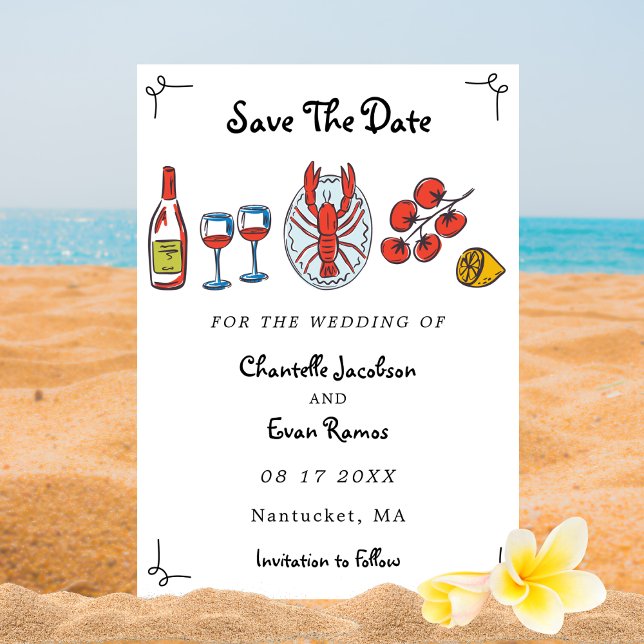 Reserva La Fecha Boda con tema de mariscos langosta y playa dibujad (Subido por el creador)