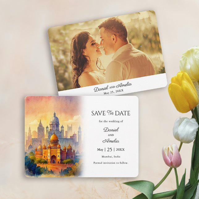 Reserva La Fecha Boda con tema de viaje, guarde la fecha | Mumbai I (Mumbai Travel Theme Wedding Save The Date | India)