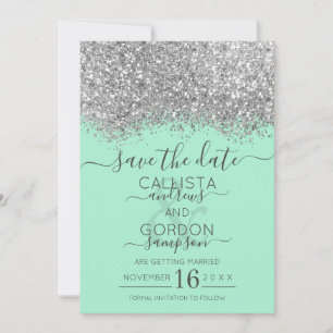 Reserva La Fecha Boda Confeti Brillo Neo Menta Plata de Lujo