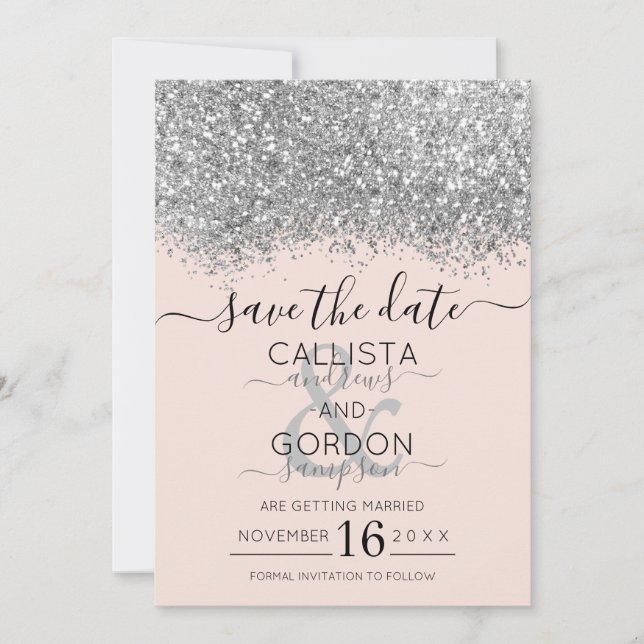 Reserva La Fecha Boda Confeti Brillo Rosa Plateado de Lujo (Anverso)