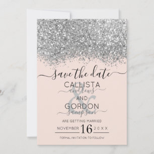 Reserva La Fecha Boda Confeti Brillo Rosa Plateado de Lujo