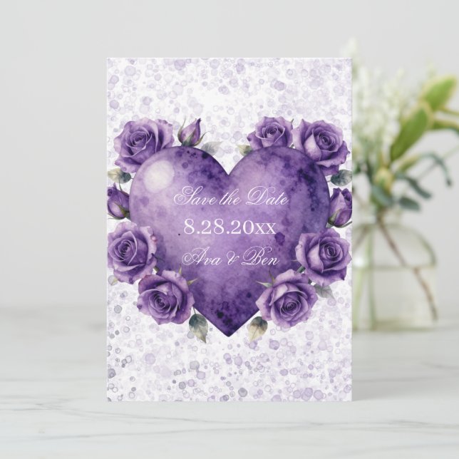 Reserva La Fecha Boda Corazón y Rosas Pintura Morada (Anverso de pie)