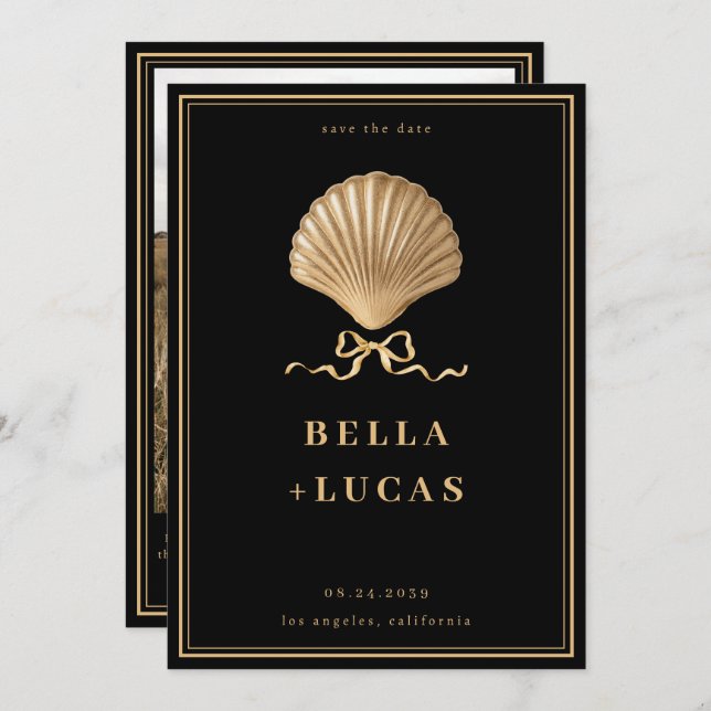 Reserva La Fecha Boda costero de lujo Gold Bow Seashell (Anverso / Reverso)