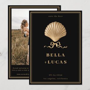 Reserva La Fecha Boda costero de lujo Gold Bow Seashell