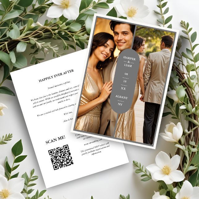Reserva La Fecha Boda de 2 fotos de ovalado de estilo gris Minimali (Grey Stylish Oval Minimalist 2 Photos Wedding Save The Date)
