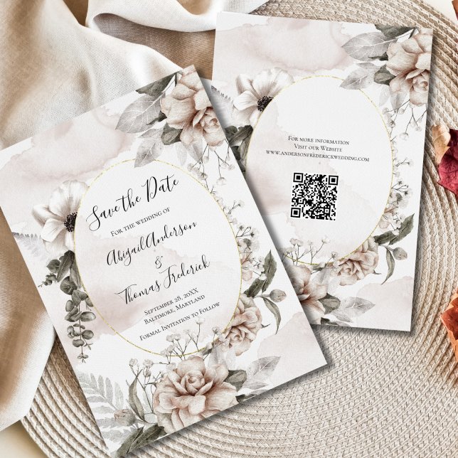 Reserva La Fecha Boda de acuarela botánica gris rosa floral (Pink Gray Watercolor Floral Boho Flowers Wedding Save The Date Card)
