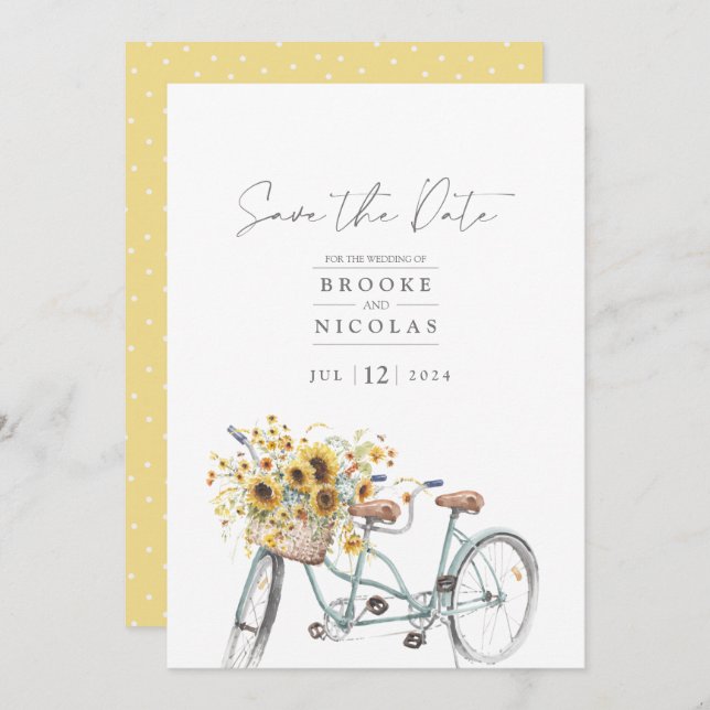 Reserva La Fecha Boda de acuarela de girasol de bicicleta de tándem (Anverso / Reverso)