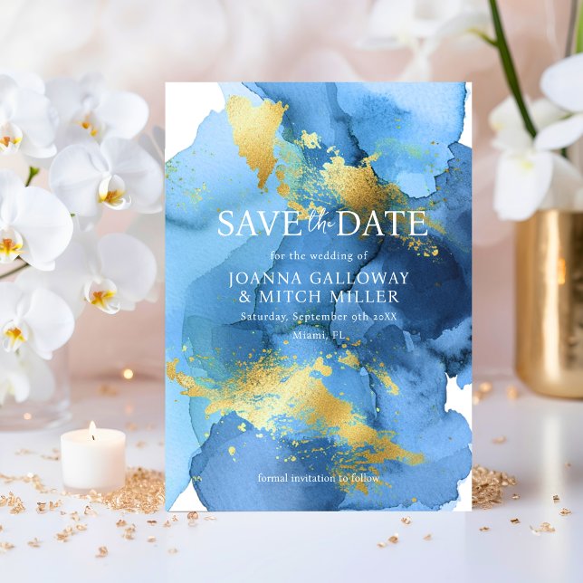 Reserva La Fecha Boda de acuarela de oro azul de la marina abstract (Modern Abstract Navy Blue Gold Watercolor Wedding Save The Date)