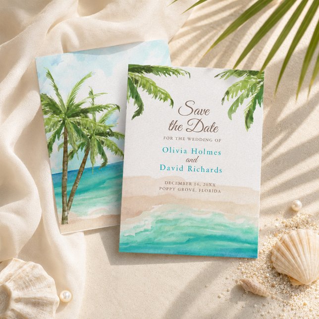 Reserva La Fecha Boda de acuarela de playa y palmeras (Watercolor Beach & Palm Trees Wedding Save The Date)