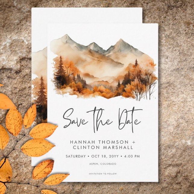 Reserva La Fecha Boda de acuarela de Rustic Fall Mountain (Rustic Fall Mountain Scene Watercolor Wedding Save The Date)