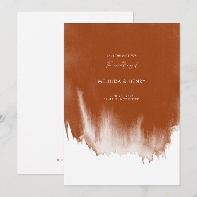 Reserva La Fecha Boda de acuarela de terracota abstracta moderna (Anverso / Reverso)