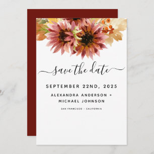 Reserva La Fecha Boda de acuarela del Sunflower Burgundy