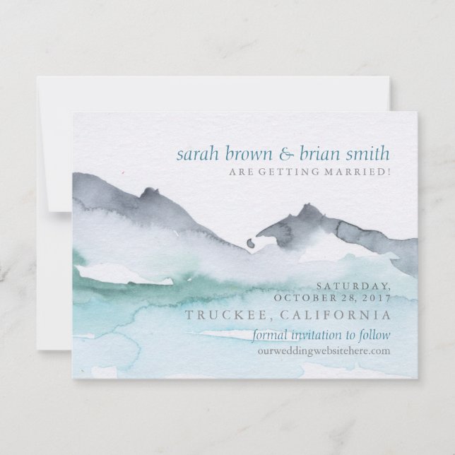 Reserva La Fecha Boda de acuarela en lago junto a la montaña Save t (Anverso)