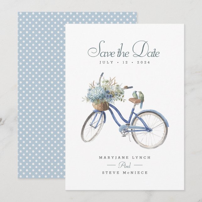 Reserva La Fecha Boda de acuarela floral de Bohemia azul en bicicle (Anverso / Reverso)