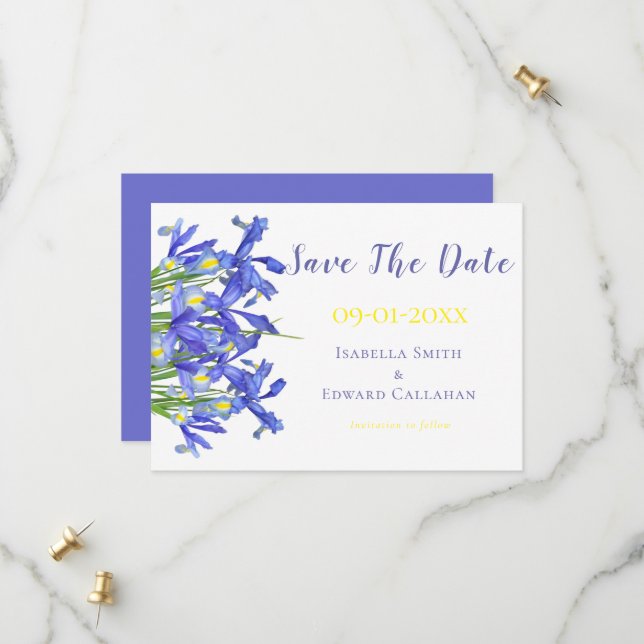 Reserva La Fecha Boda de Acuarela Floral de Iris Azules Románticos (Anverso/Reverso In Situ)