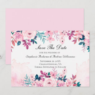 Reserva La Fecha Boda de acuarela floral rosa púrpura verde 