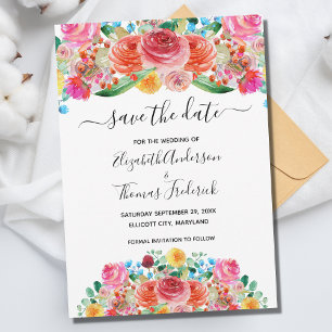 Reserva La Fecha Boda de Acuarela Floral Rosa Rojo Amarillo Elegant
