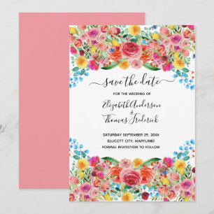 Reserva La Fecha Boda de Acuarela Floral Rosa Rojo Amarillo Elegant
