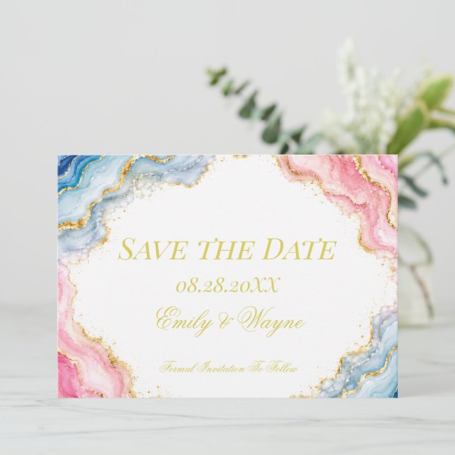 Reserva La Fecha Boda de Ágata Rosa Azul y Oro (Anverso de pie)