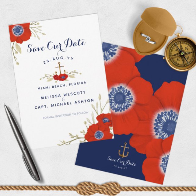 Reserva La Fecha Boda de anclaje de la marina floral acuática (Red, White, and Blue Nautical Save Our Date Announcements  )