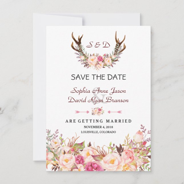 Reserva La Fecha Boda de Antlers florales Charm Pink Rubor (Anverso)