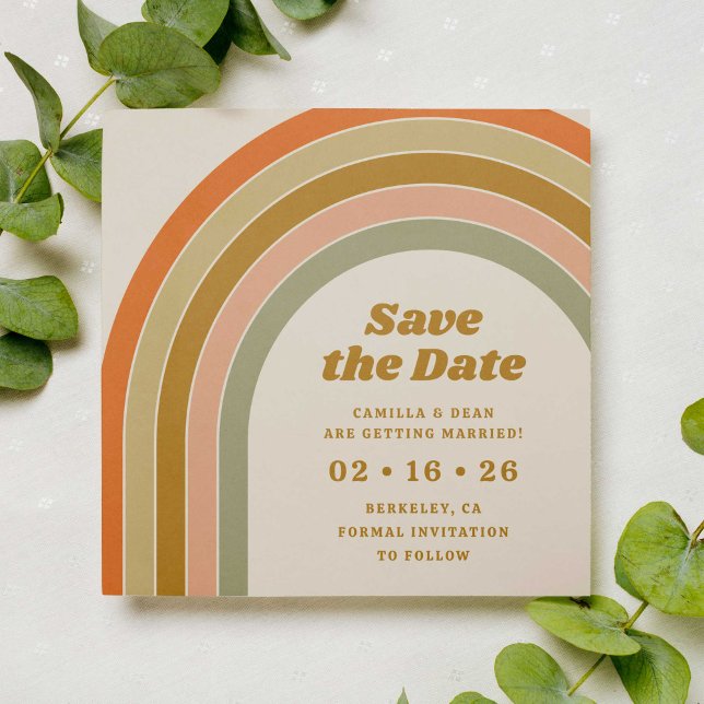 Reserva La Fecha Boda de arco Naranja retro de los años 70 (70s retro rainbow groovy save the date template)