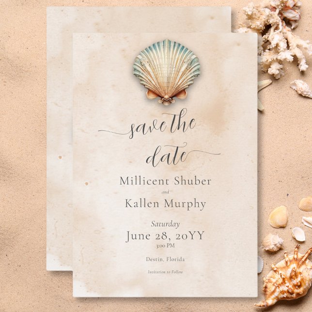 Reserva La Fecha Boda de arena de conchas de mar modernas costeras (Modern Coastal Seashell Sand Wedding Save The Date)