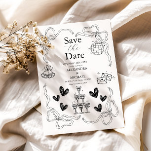 Reserva La Fecha Boda de arte caprichoso retro doodle en blanco y n