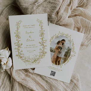 Reserva La Fecha Boda de arte de la línea floral rústica vintage