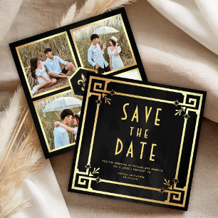 Reserva La Fecha Boda de Arte Deco de Foto Collage de Oro Negro