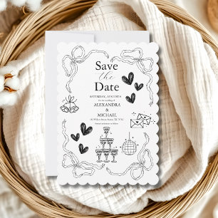 Reserva La Fecha Boda de arte doodle retro caprichoso en blanco y n