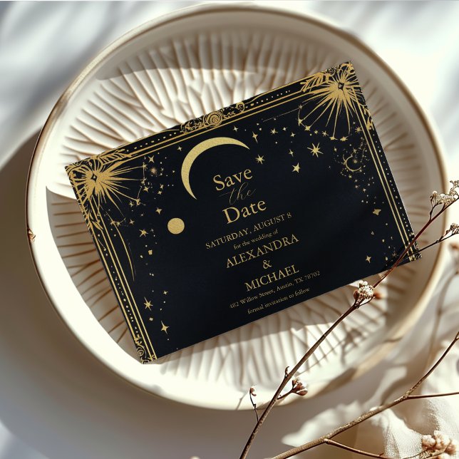 Reserva La Fecha Boda de Astronomía Celestial Black Gold Sun Moon (Subido por el creador)