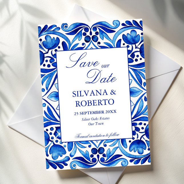 Reserva La Fecha Boda de azulejos azules de la época de Talavera Az (Vintage Talavera Azulejo blue tiles Mexican Spanish wedding Save The Date cards template )