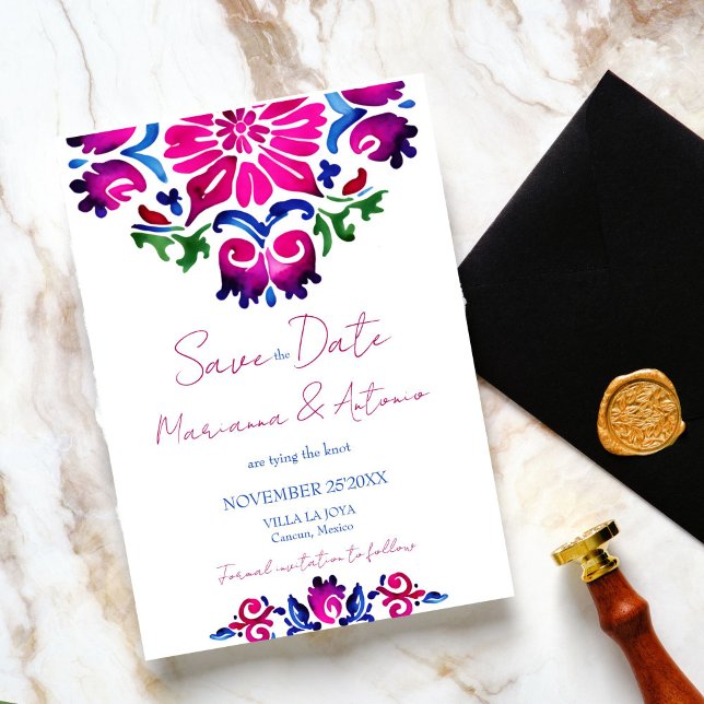 Reserva La Fecha Boda de azulejos de Talavera español azul rosa (Pink blue Spanish Talavera tiles wedding Save The Date Bold colorful save the date whimsical casual)