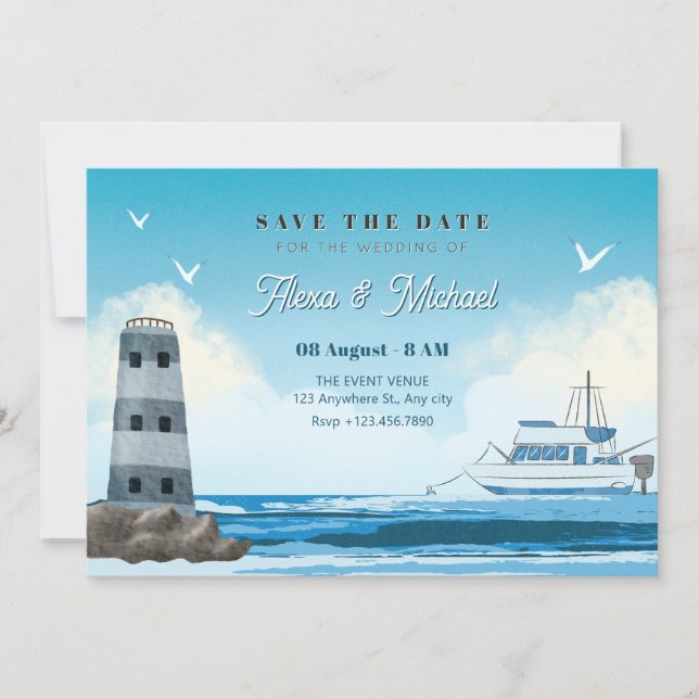 Reserva La Fecha Boda de barco azul marino (Anverso)