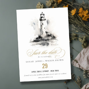 Reserva La Fecha Boda de boceto náutico del faro blanco y negro